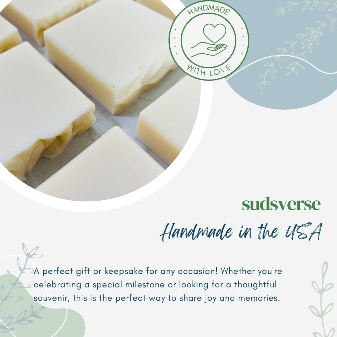 Handmade soap bars with 'Sudsverse' branding and text about being handmade in the USA.