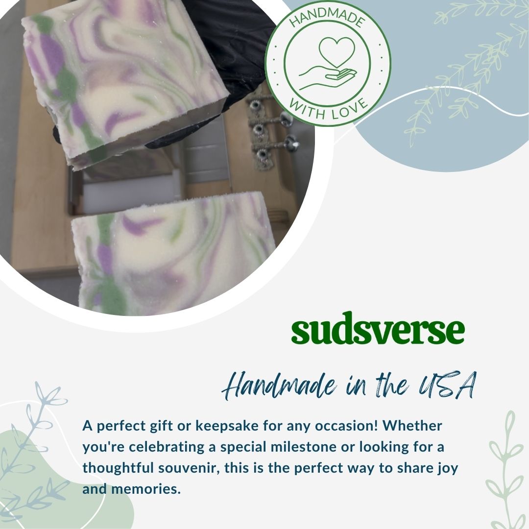 Handmade soap bars with 'sudsverse' branding and text about being handmade in the USA.