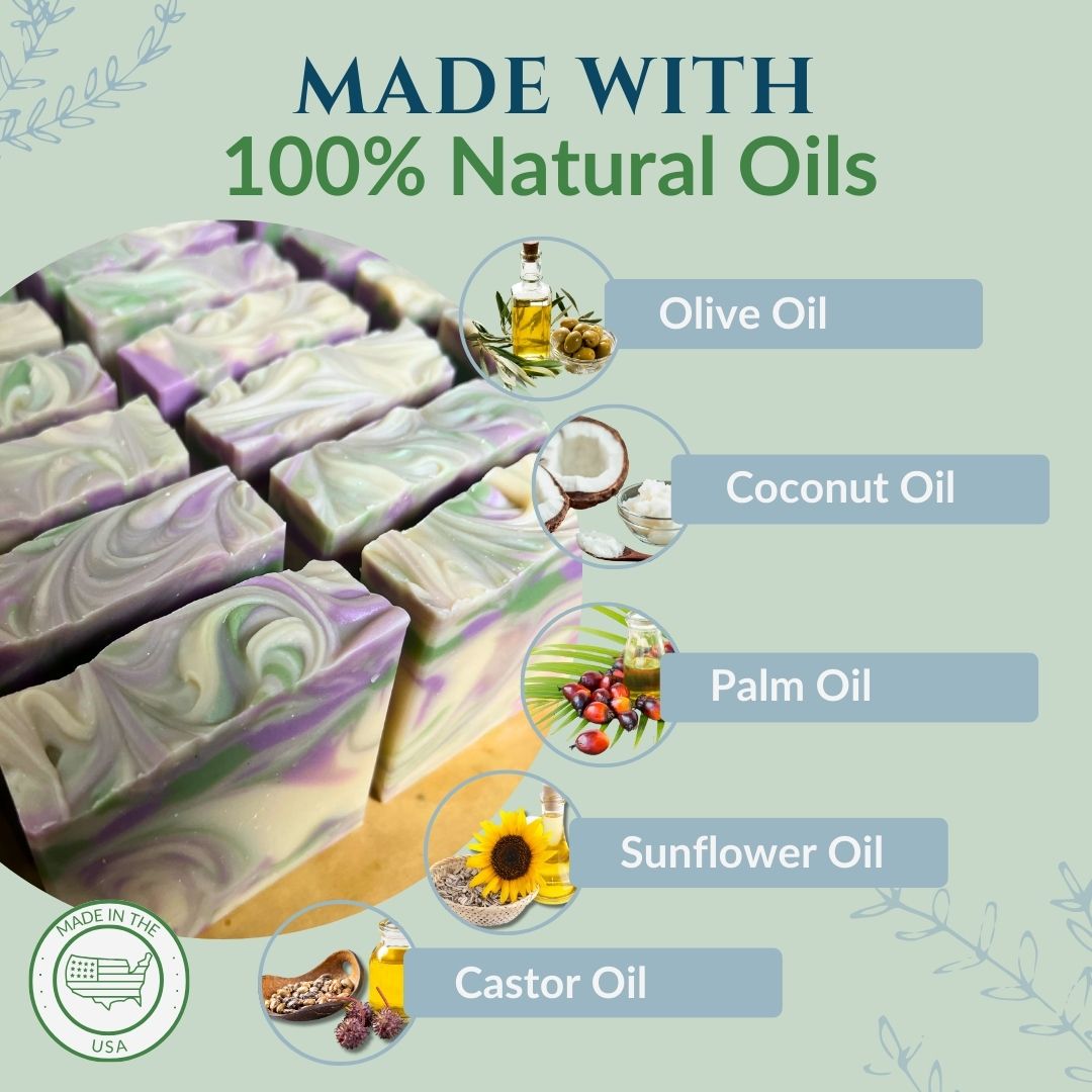 Bar soaps with natural oils ingredients displayed on a light green background