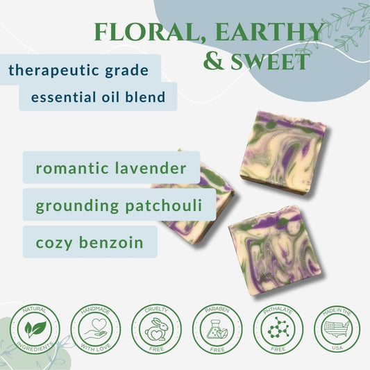 Three soap bars with a blend of lavender, patchouli, and benzoin scents on a white background.