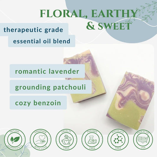 Two soap bars with a blend of lavender, patchouli, and benzoin scents on a white background.