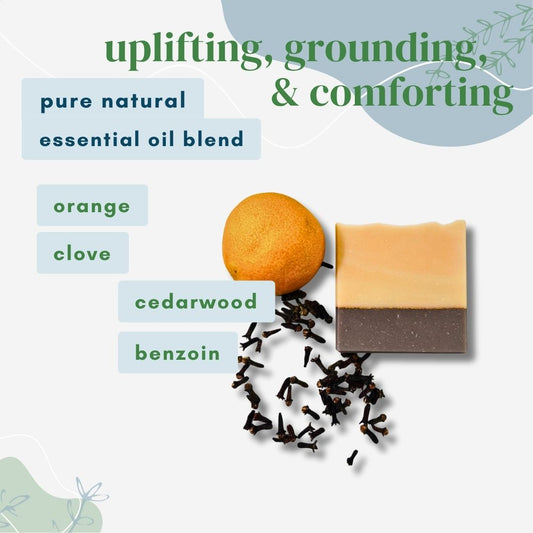 Two soap bars with essential oils and their names on a light background