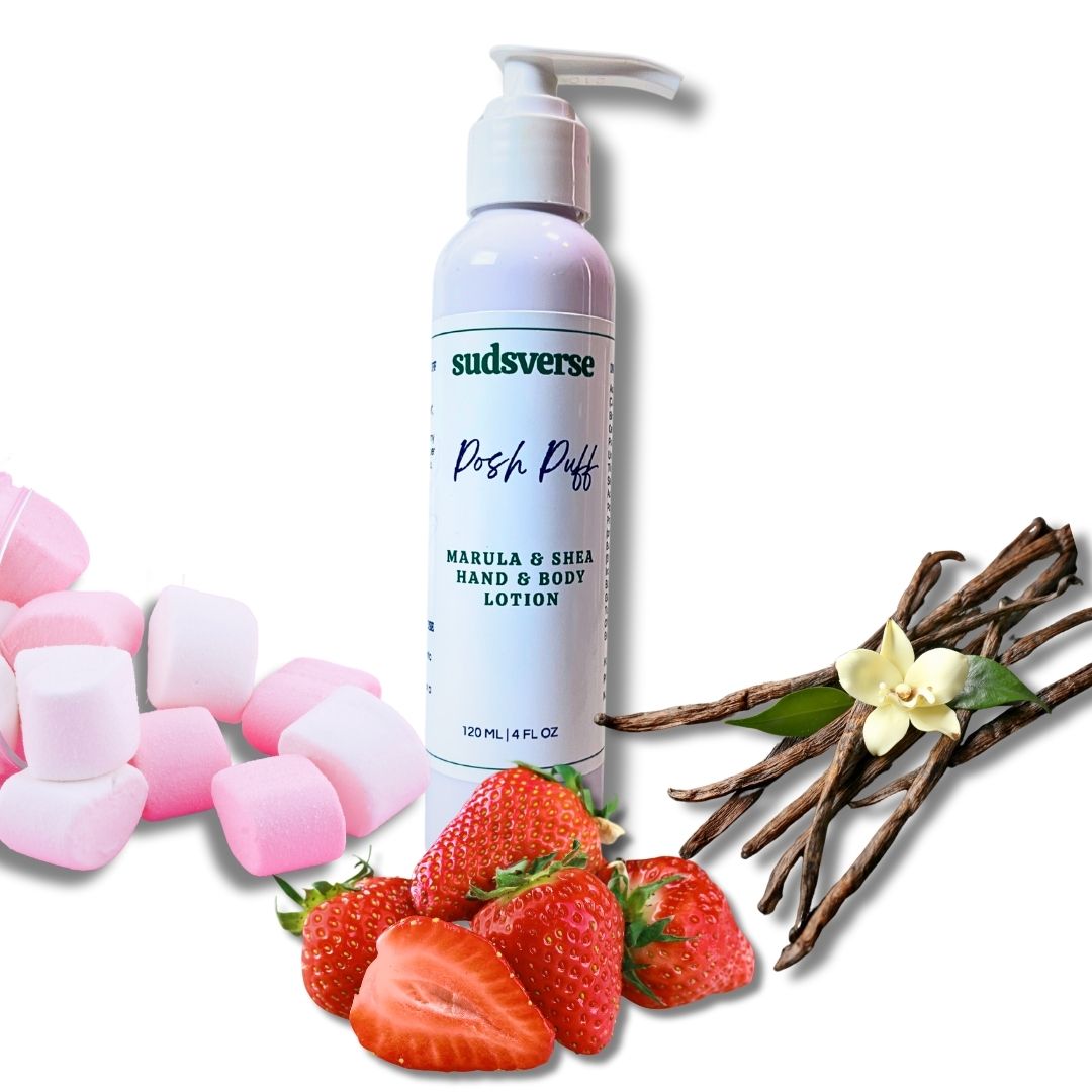 Posh Puff 4 oz lotion pump bottle with marshmallows, strawberries and vanilla depicting the scent notes