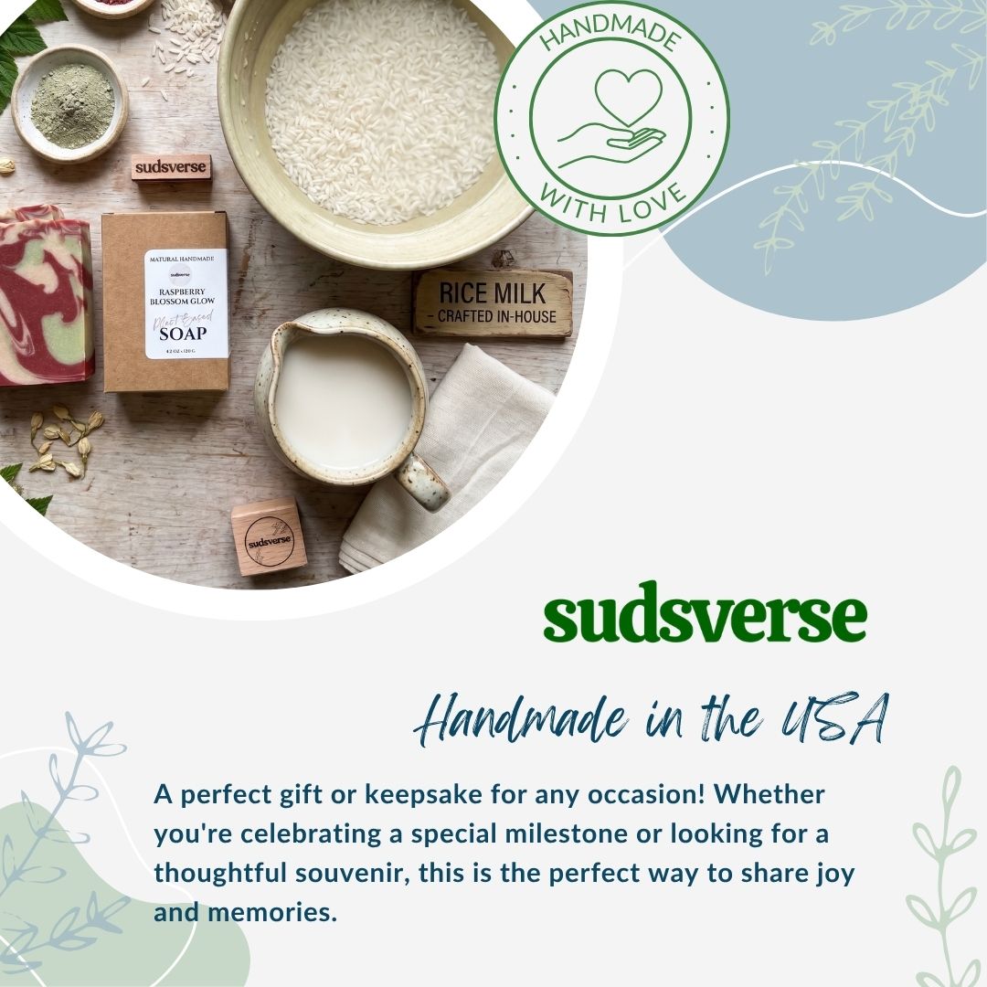 Handmade soap and rice milk product with 'sudsverse' branding on a white background.