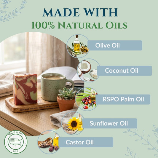 Product with natural oils on a wooden surface with text indicating 100% natural ingredients.