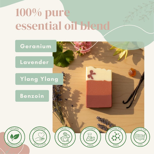 sudsverse rose clay soap bar with essential oils on a wooden surface, featuring text and icons.