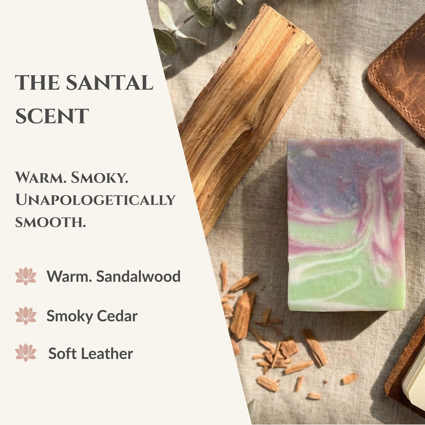 Bar of soap with sandalwood and cedar pieces on a textured surface, labeled 'The Santal Scent'.