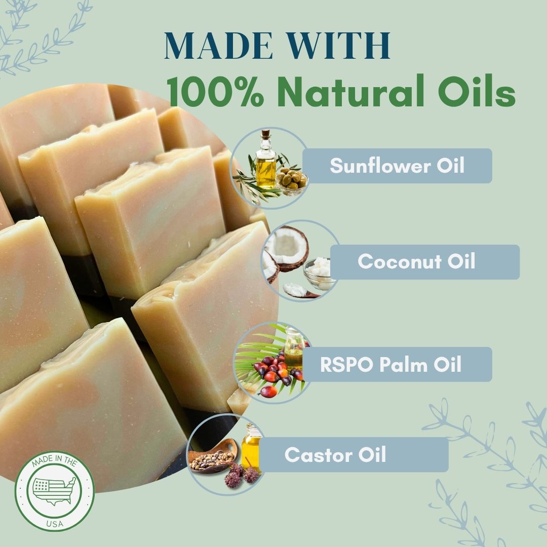 Bar of soap with natural oils ingredients on a light green background