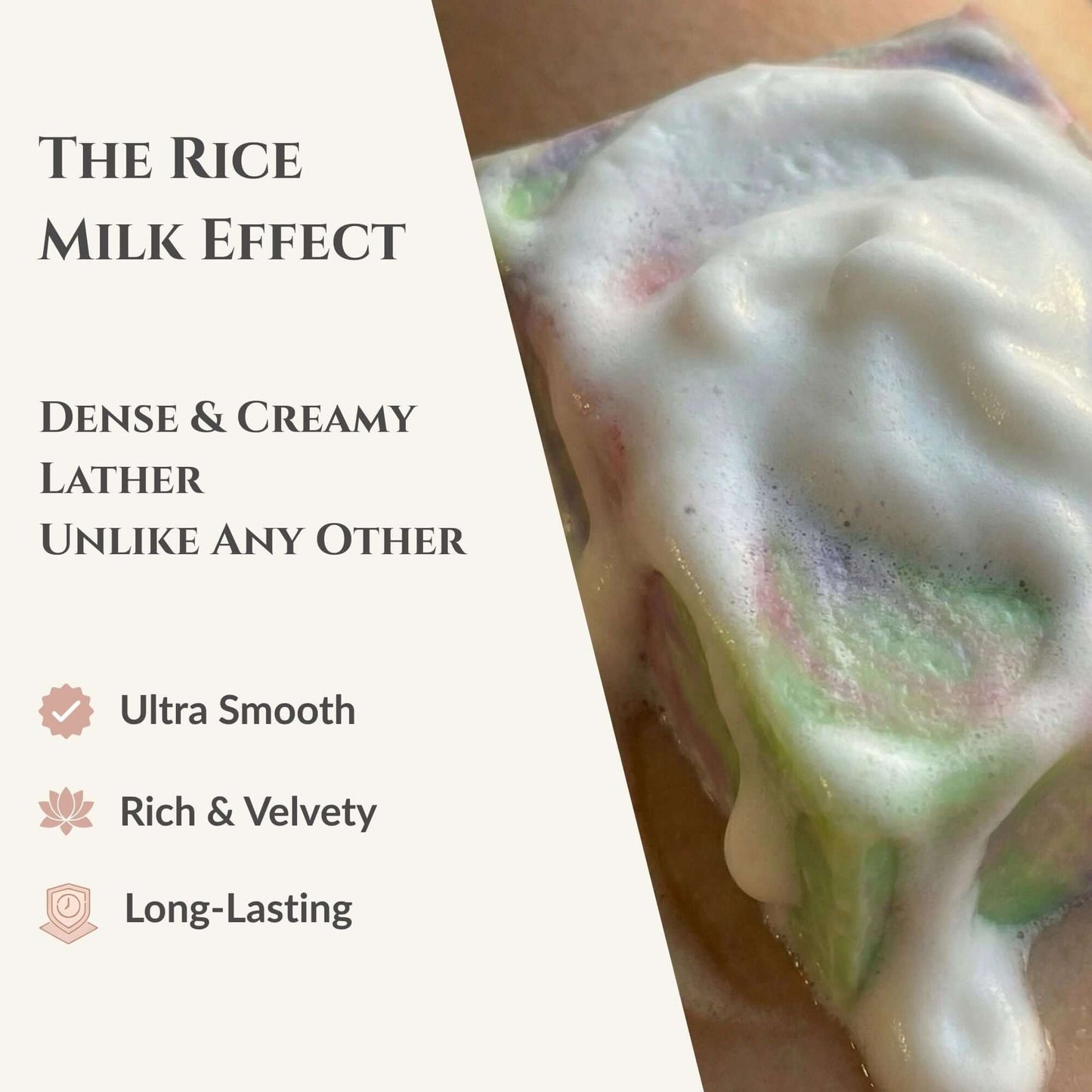 Close-up of a creamy lather with text highlighting 'The Rice Milk Effect' on a light background.