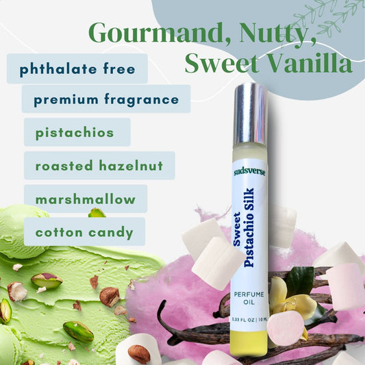 Perfume oil bottle with vanilla and pistachio theme, surrounded by vanilla beans and marshmallows.