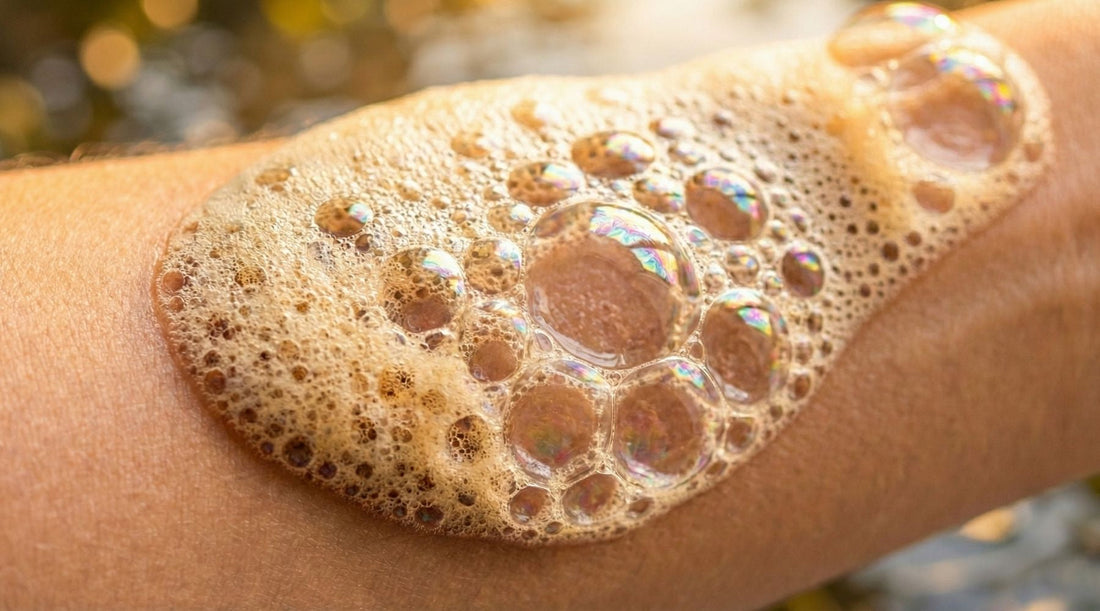 Macro photography of dense creamy soap lather on skin demonstrating fatty acid efficacy.