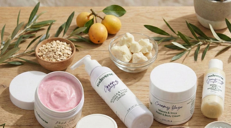 A collection of marula and shea hand and body creams on a wooden background with oils and butters scattered around