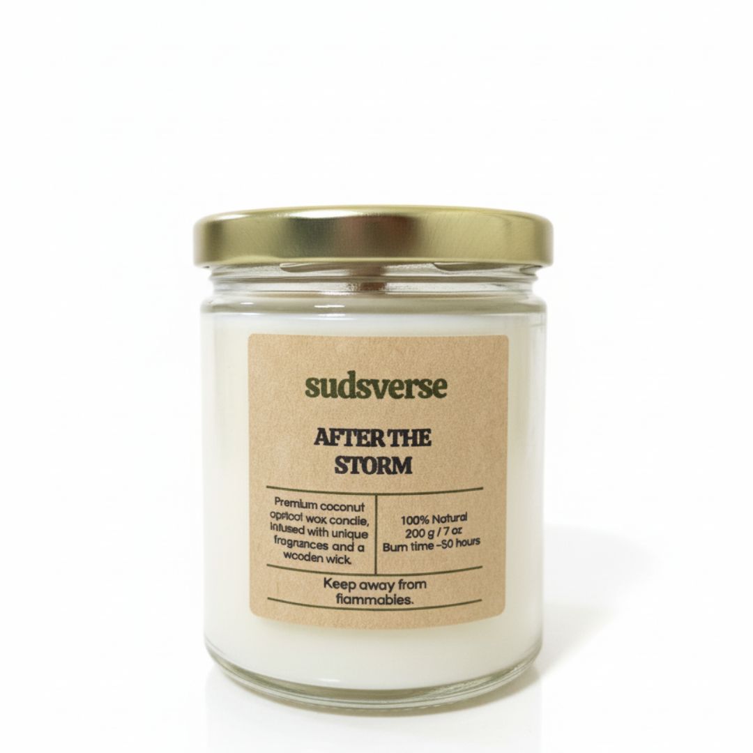 A jar of after the storm wooden wick premium coconut apricot wax candle 