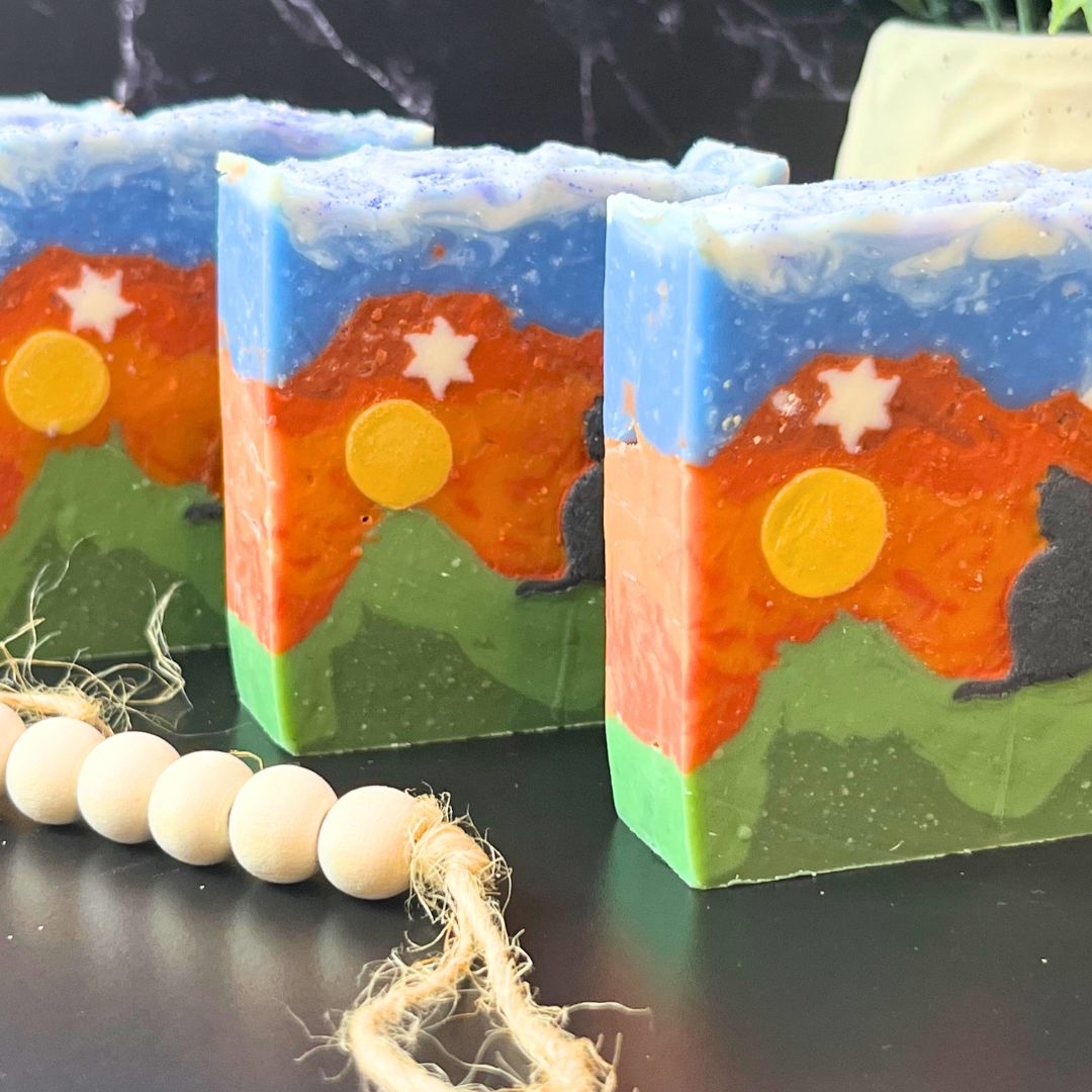 Side view of Celestial Nightscape soap showing layered design detail