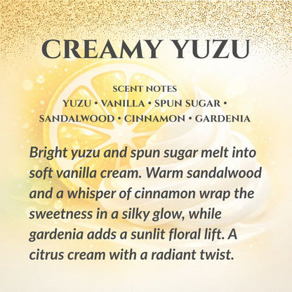 Product description card for 'Creamy Yuzu' with scented notes description.