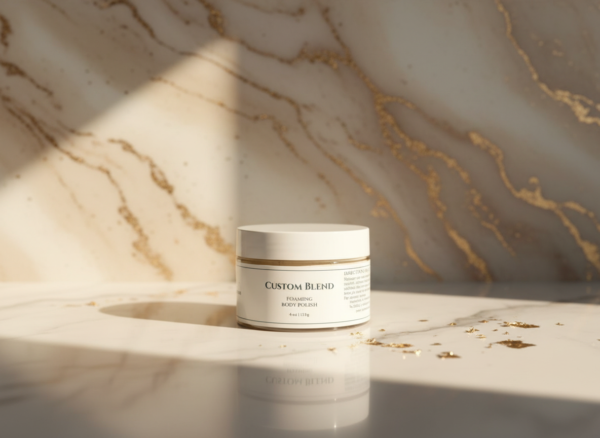 Custom Foaming Sugar Scrub jar labeled 'Custom Blend' on a marble surface with gold accents
