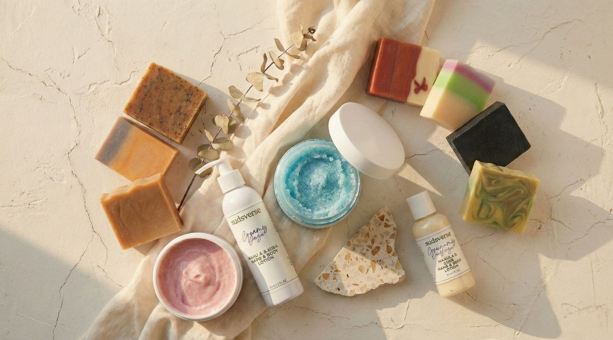 Collection of sudsverse natural skincare products including soaps, creams, sugar scrubs and lotions on a light background.