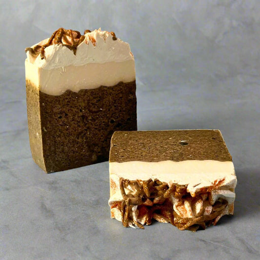 Handmade plant-based espresso soap bar with layered coffee, cream, and chocolate design