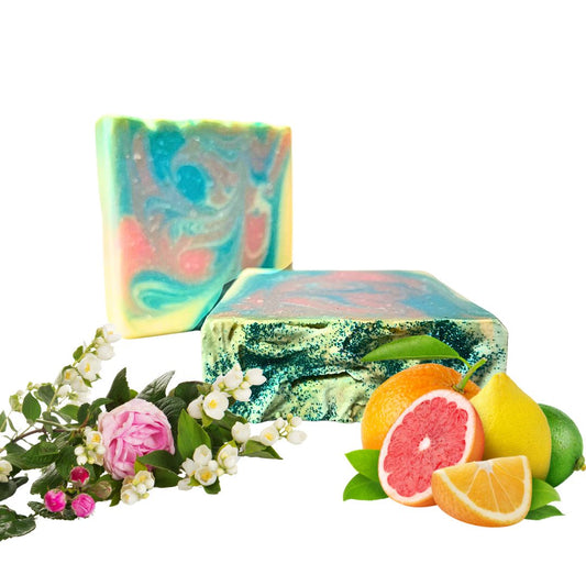 Admire the beautiful swirl design of Petal Pop Natural Soap. This 4.2 oz handmade, eco-friendly soap features a floral-powdery-citrus scent and nourishes all skin types. Shop this sustainable, USA-made bar for a luxurious, green beauty experience.