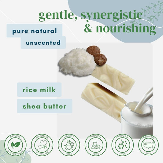 Product packaging with rice milk and shea butter, labeled as 'gentle, synergistic & nourishing' on a white background.