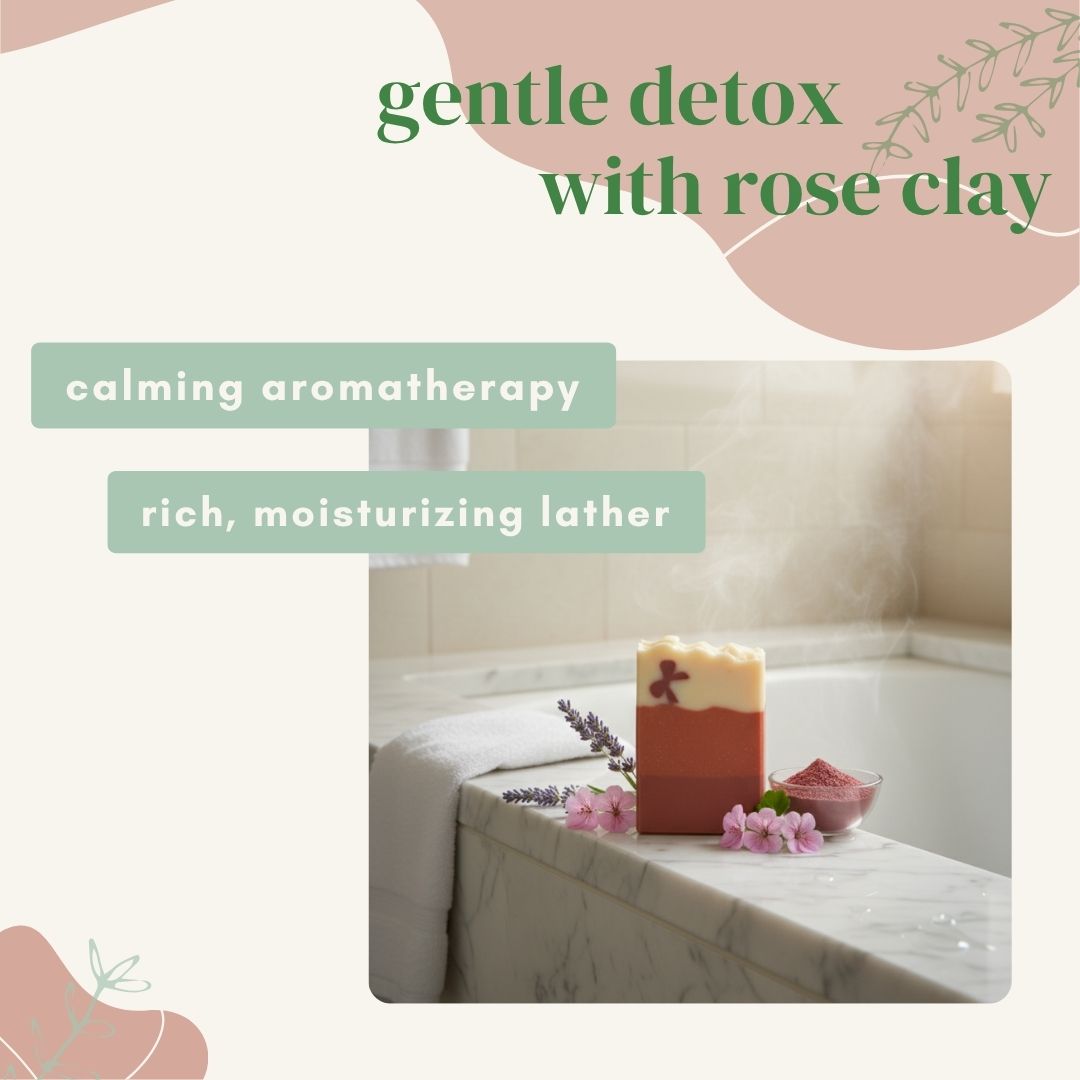 Bath setup with sudserse rose clay soap and text about a gentle detox and calming aromatherapy experience.