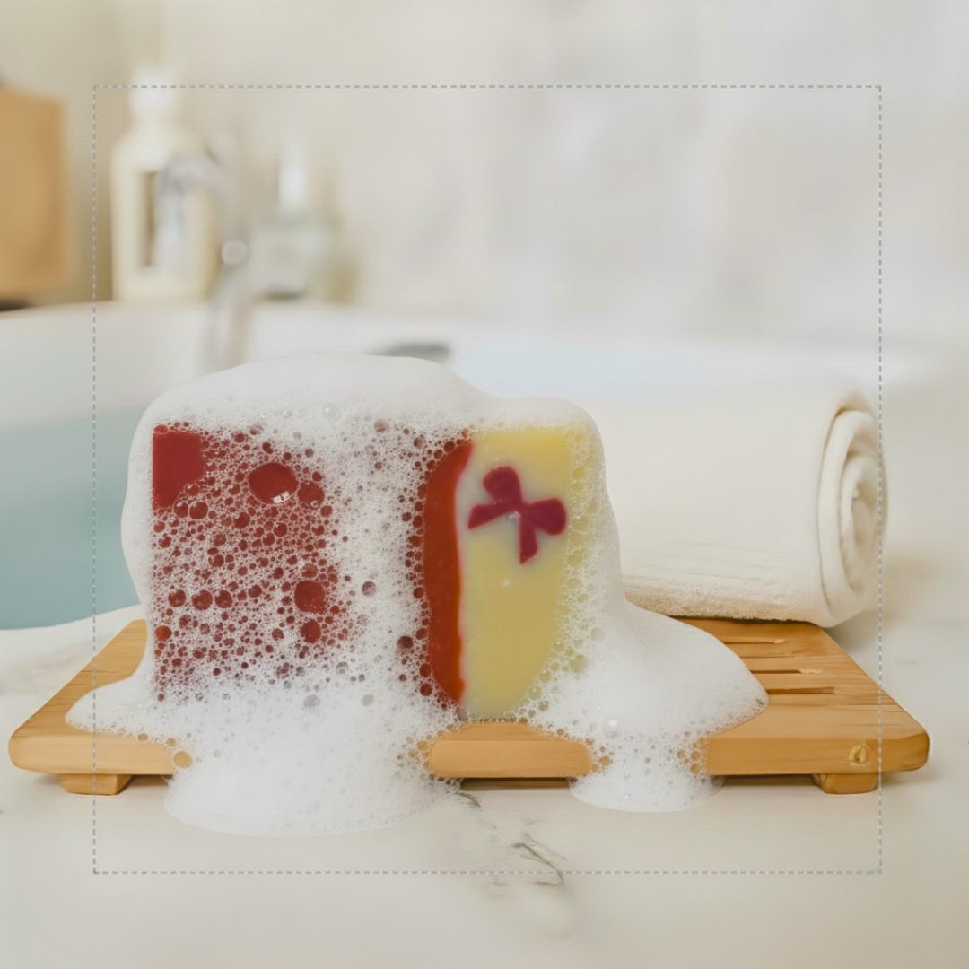 Two soaps with red and pink designs on a wooden soap holder with bubbles, set against a blurred bathroom background.