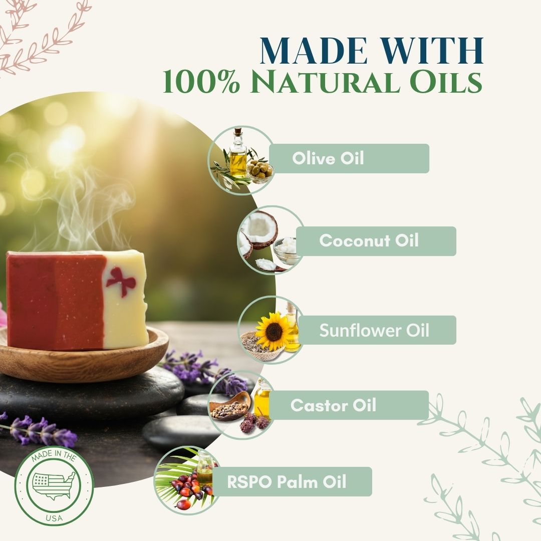 sudsverse natural soap with natural oils label featuring olive oil, coconut oil, sunflower oil, castor oil, and RSPO palm oil.
