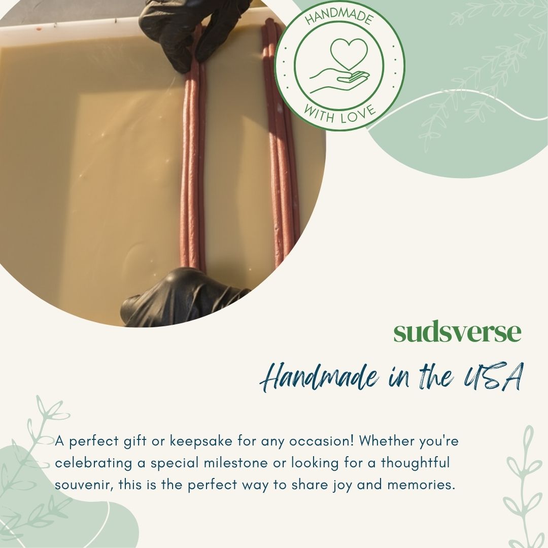 Handmade soap with an embed on a light background, featuring 'sudsverse' branding.