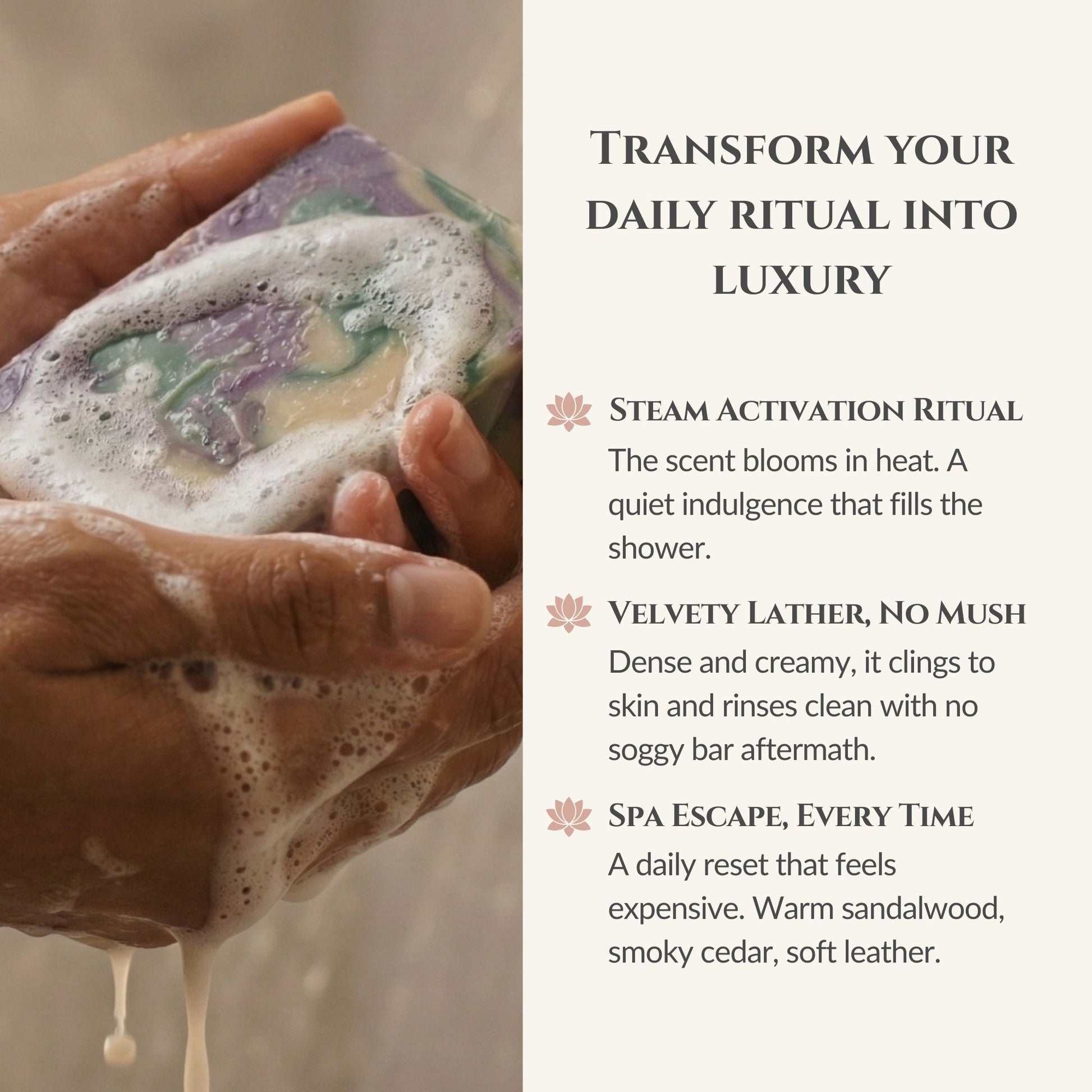 Hand holding a soapy bar with steam activation ritual text on the right