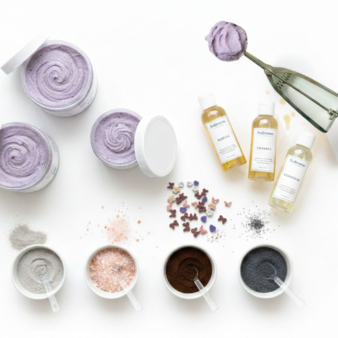 Collection of foaming sugar scrub jars, oils and natural exfoliants, and an ice cream scoop on a white background