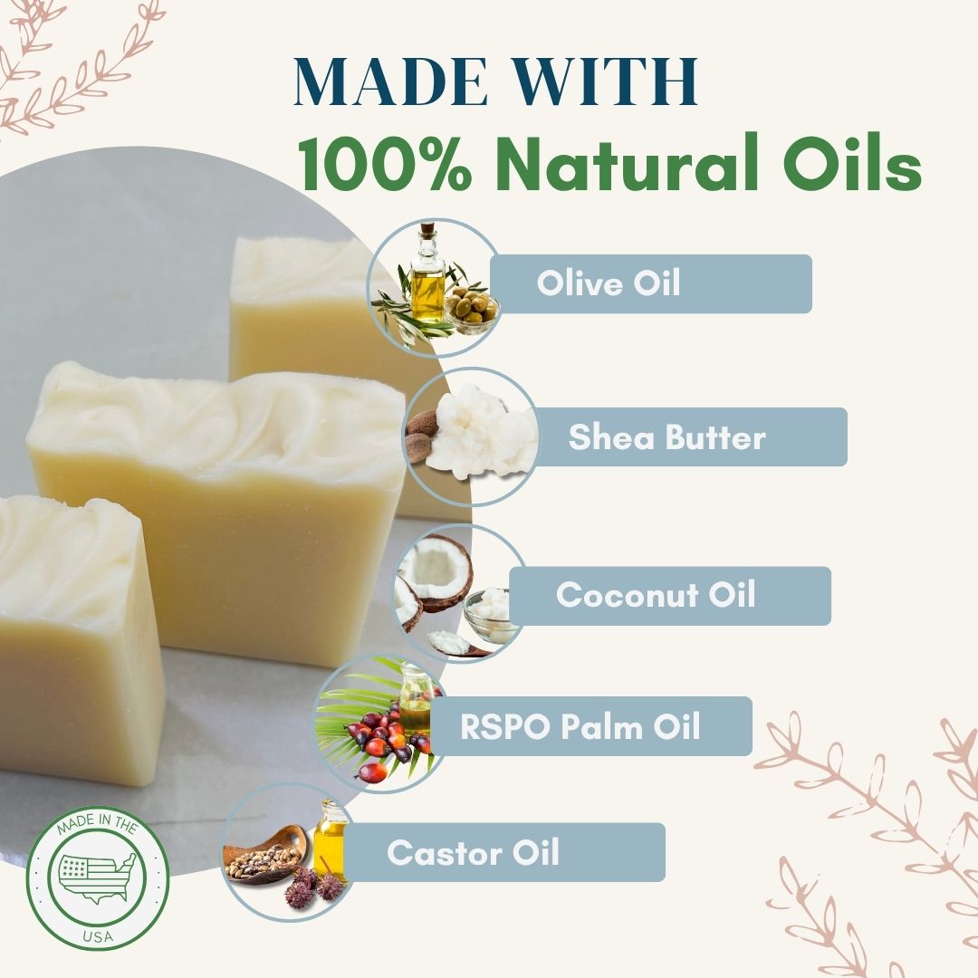 Three bars of soap with images and names of oils used on a light green background