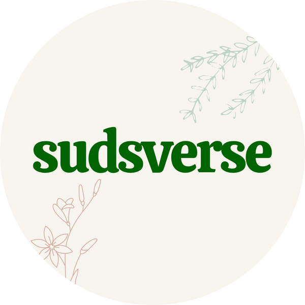 Circular logo with 'sudsverse' text and floral designs on a white background