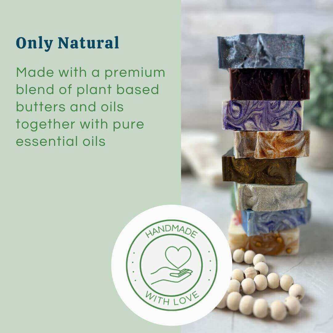 Natural ingredients used in Sudsverse soap with text overlay" Title: "Only Natural - Our Promise