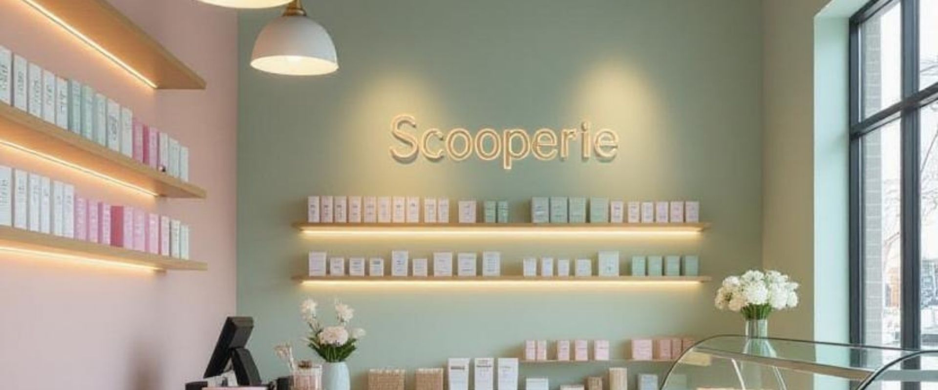 A mockup of an interior of a sudsverse store with 'Scooperie' branding on shelves and decor.