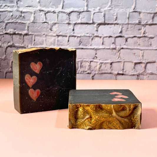 Natural Charcoal Artisan Handmade Soap with Pink Hearts - Sugar Rush Scented Detox Cleanser by Sudsverse