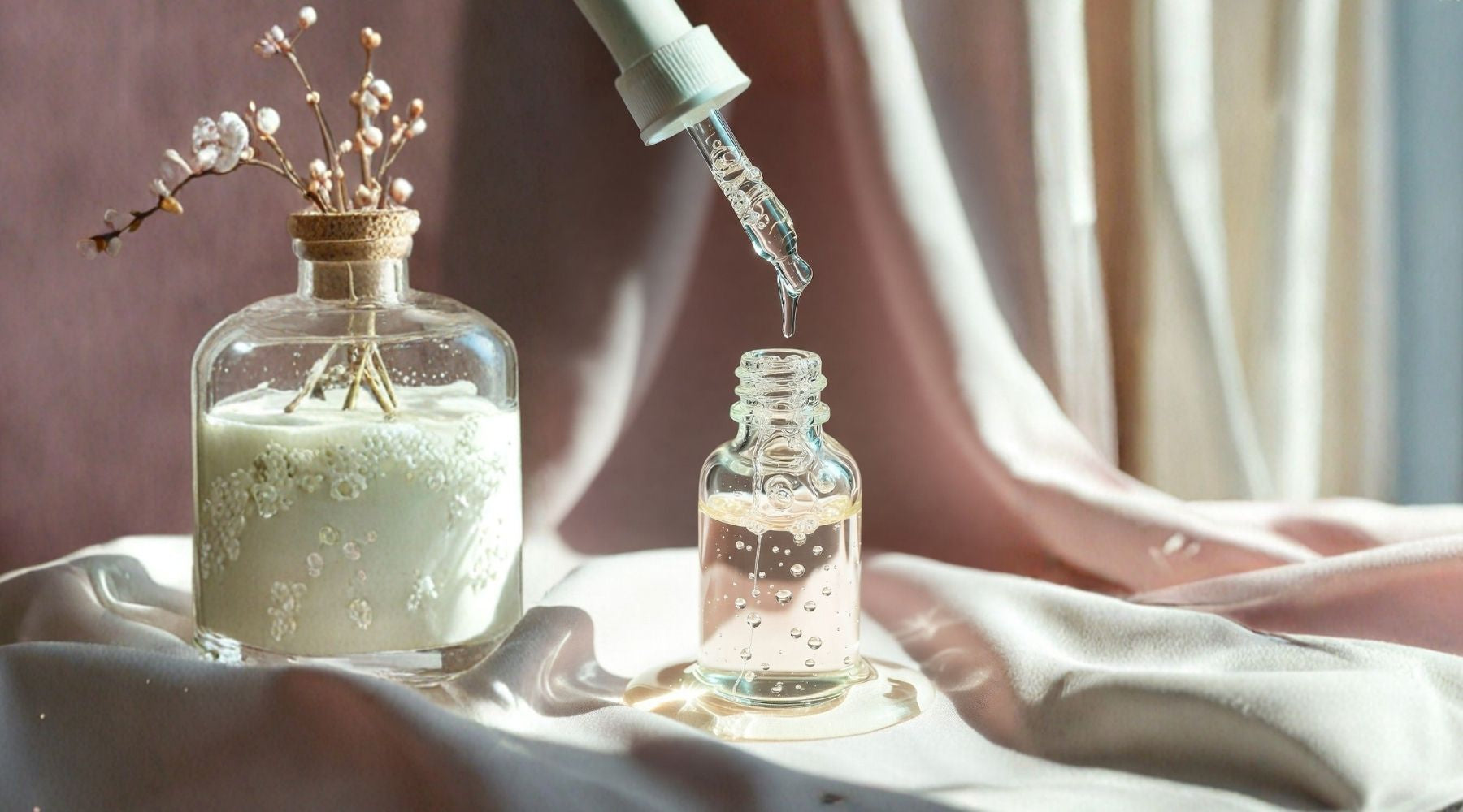 Glass bottle filled with glycerin with plant and dropper adding liquid to another bottle on a soft background